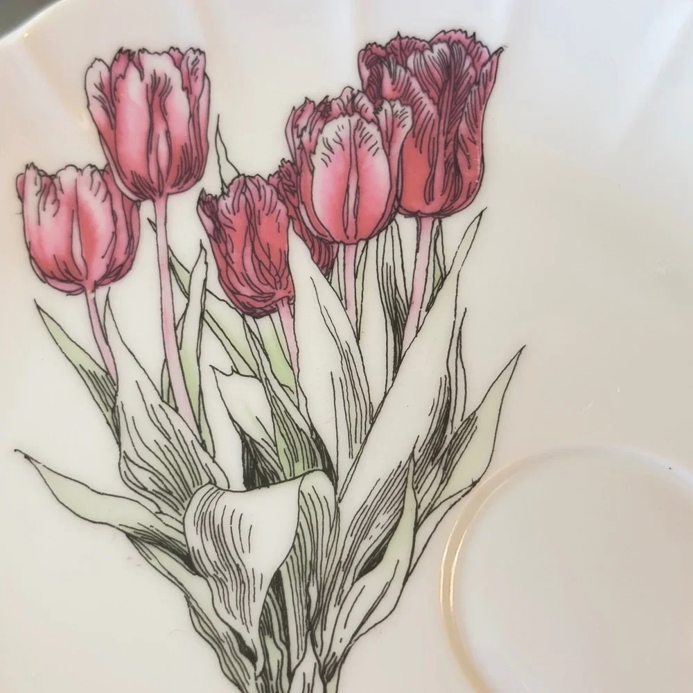 Mann Fine China Tulip Botanical Tea Cup and Saucer Set Vintage White Pink Floral